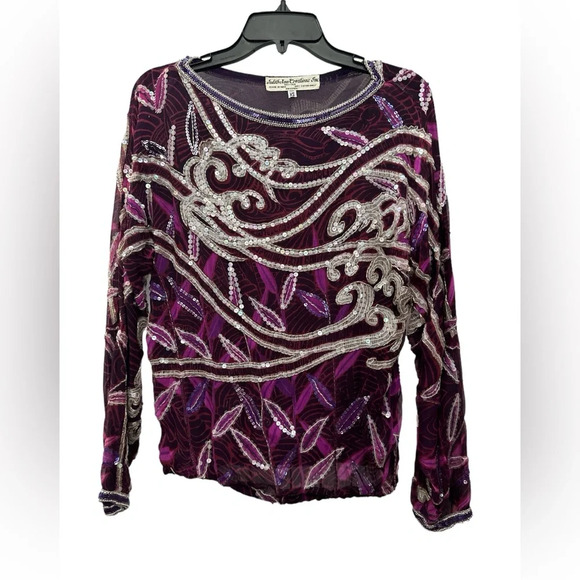 Judith Ann Creations Vintage Beaded Sequined Silk Top Size XS Long Sleeve - Picture 1 of 3